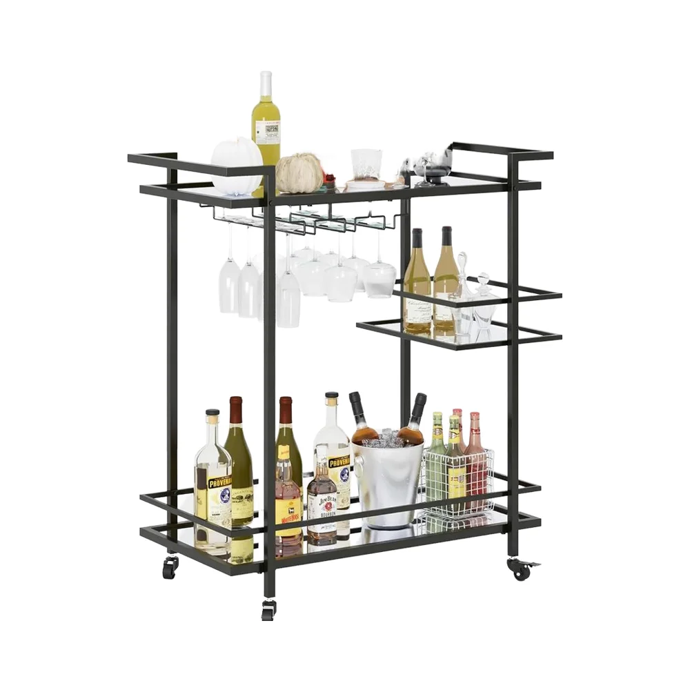 Modern triple bar cart for home office solid wood black kitchen furniture with triple glazed shelving