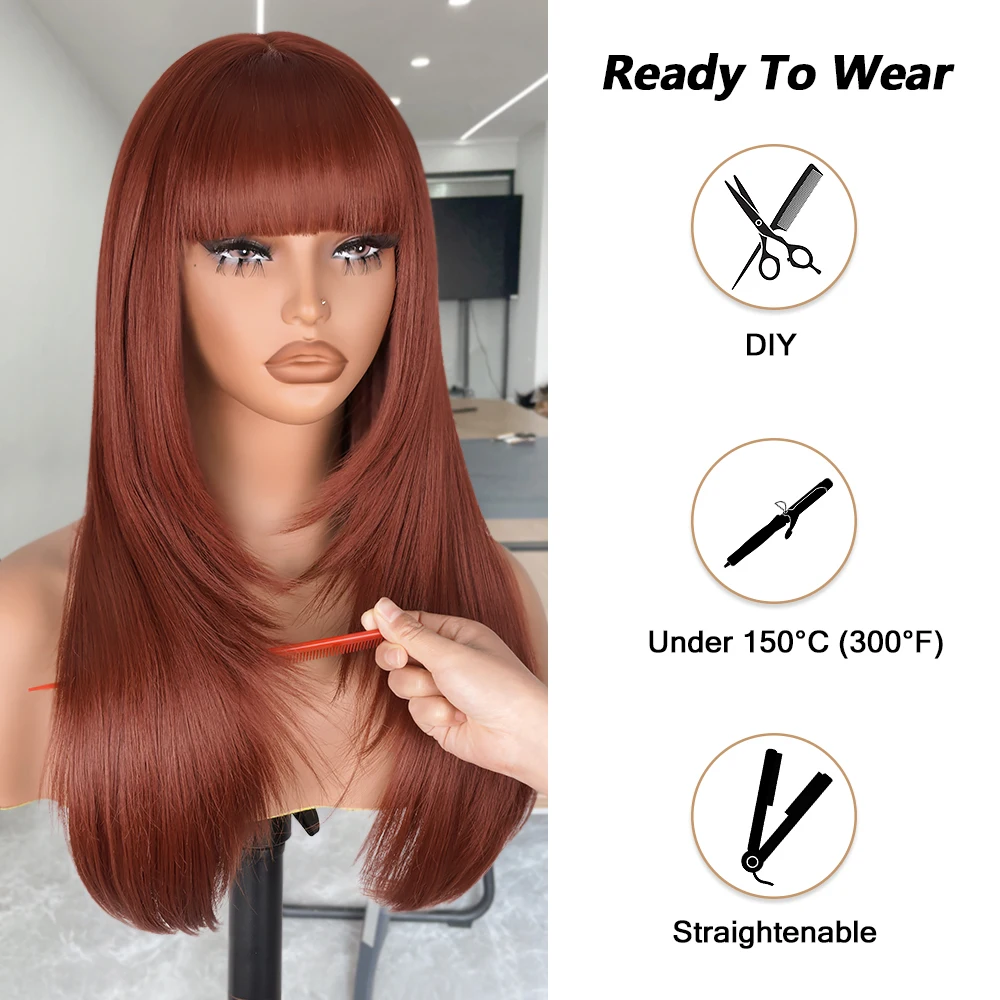 Reddish Brown Straight Layered Wigs with Bangs Glueless Lace Fake Easy to Go Synthetic Wigs Copper Red Heat Resistant Lace Wigs