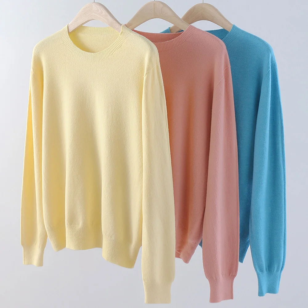 

Простые однотонные свитера круглого цвета, женские повседневные свободные пуловеры с длинными рукавами, вязаные топы, осенне-зимний универсальный свитер