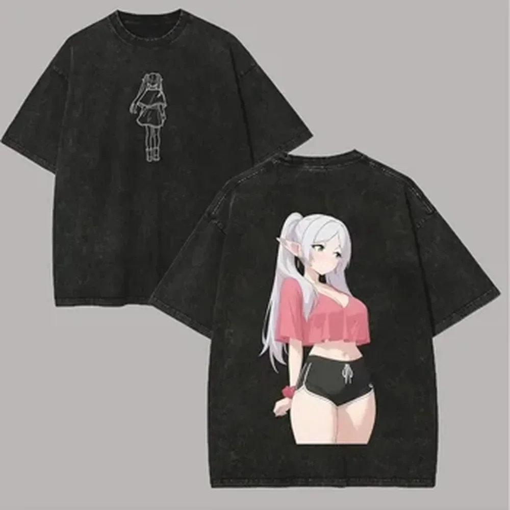 Anime Frieren Graphic Printed T-shirt Cute Kawaii Fashion Washed Oversized T Shirt Short Sleeve Cotton Tees Men Women Clothing