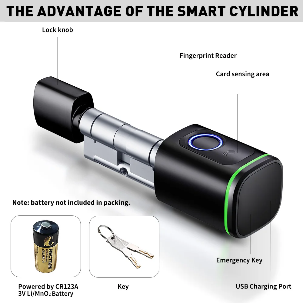 Electronic Digital Smart Cylinder With Fingerprint Password Tuya App Bluetooth Card Mechanical Key Easy Replacement 4AAA Battery