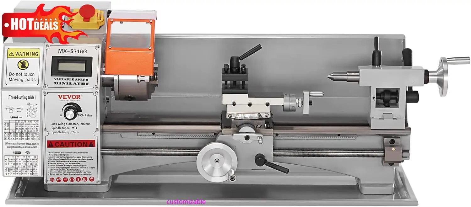 

Токарный станок по металлу с прецизионным настольным приводом 800 Вт, 7'' x 16'', с плавной регулировкой скорости 150-2500 об/мин