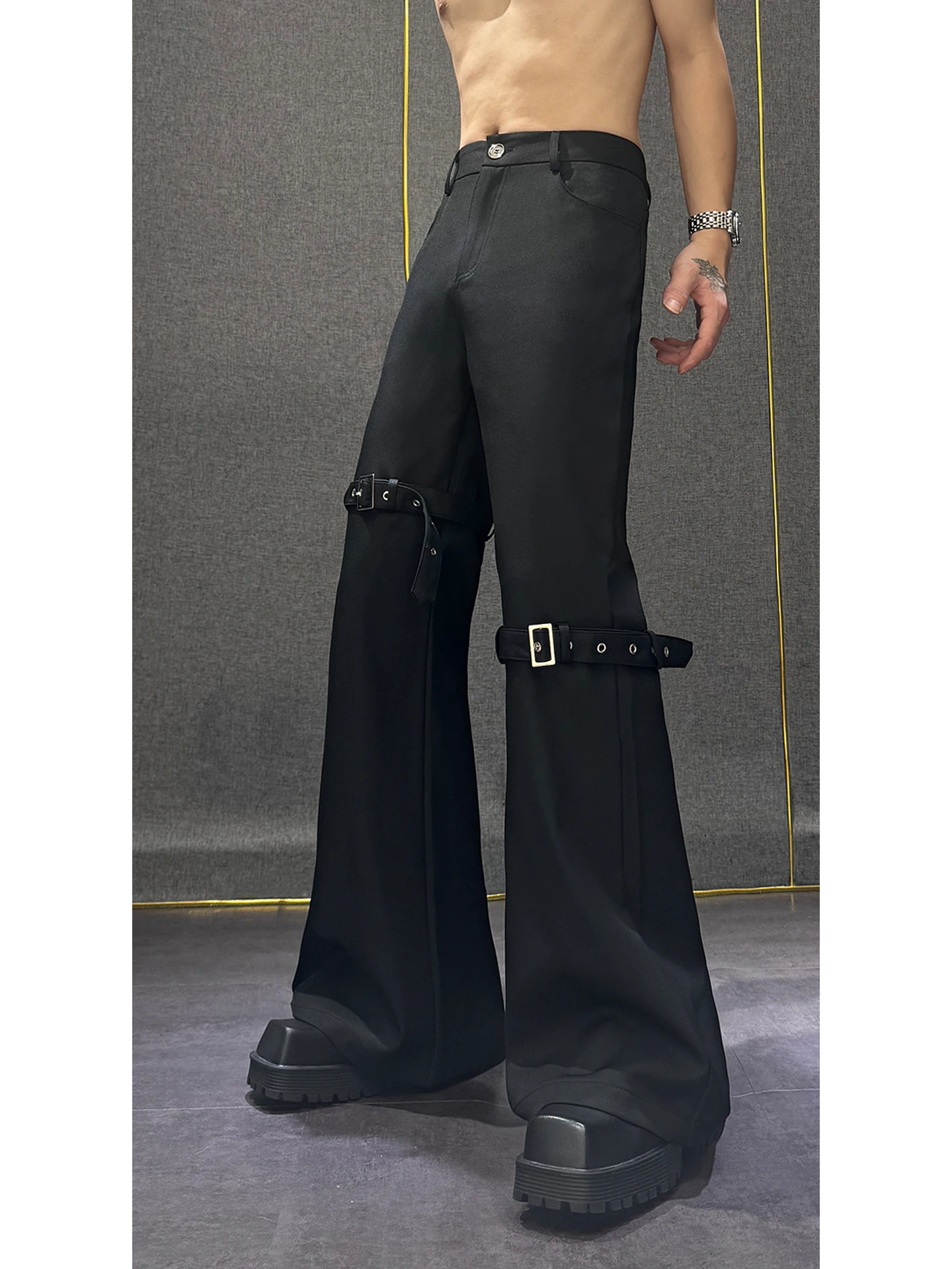 Fashion Trendy Men's Lace-Up Patchwork Design Sense Dress Pants High-End Personality  High Street High-Waist Flared Casual Pants