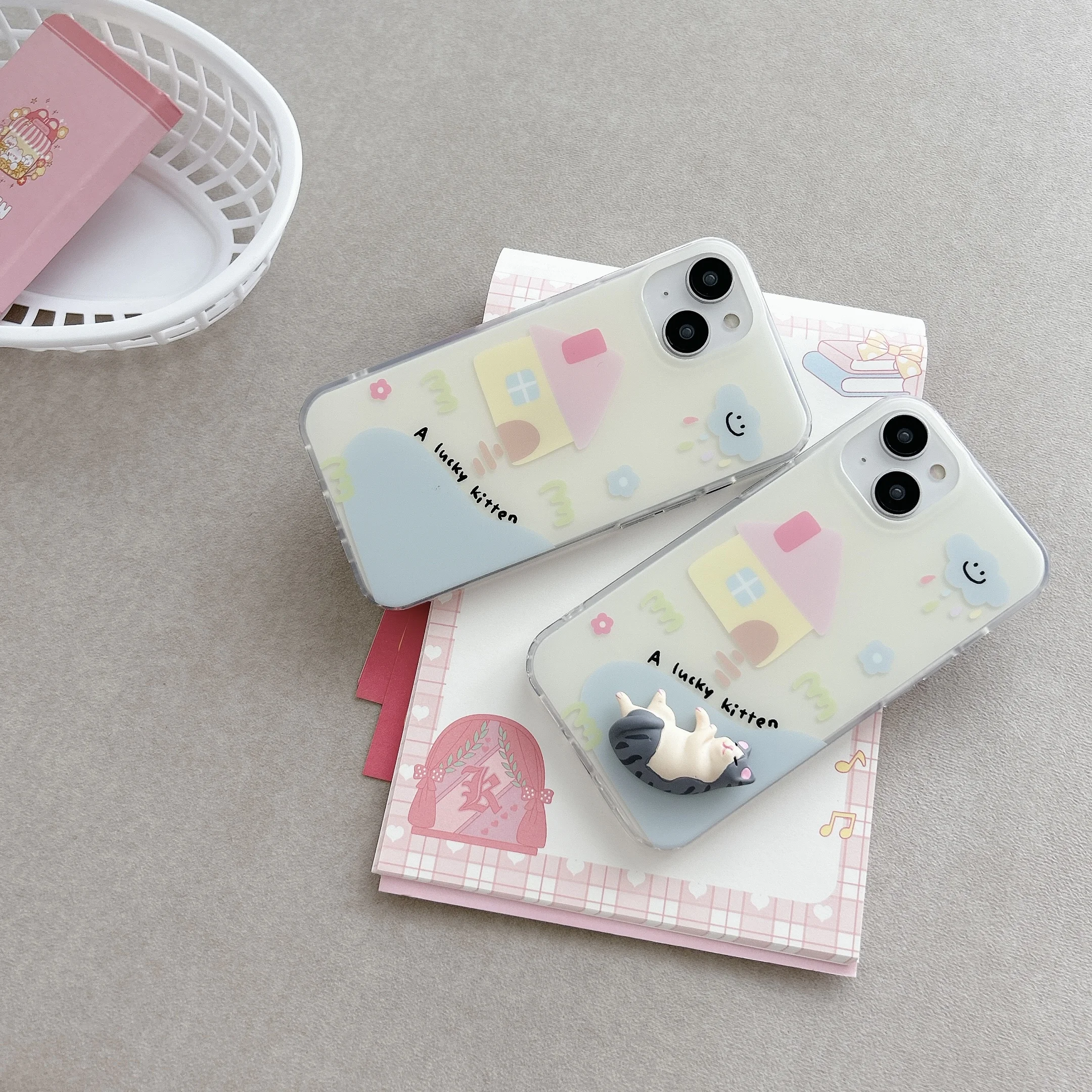 Korean Ins Pink House 3D Cute Cartoon Cat Flowers Cloud Raindrop Phone Case for iPhone 15 14 13 Pro Max 12 Pro 11 Back Cover