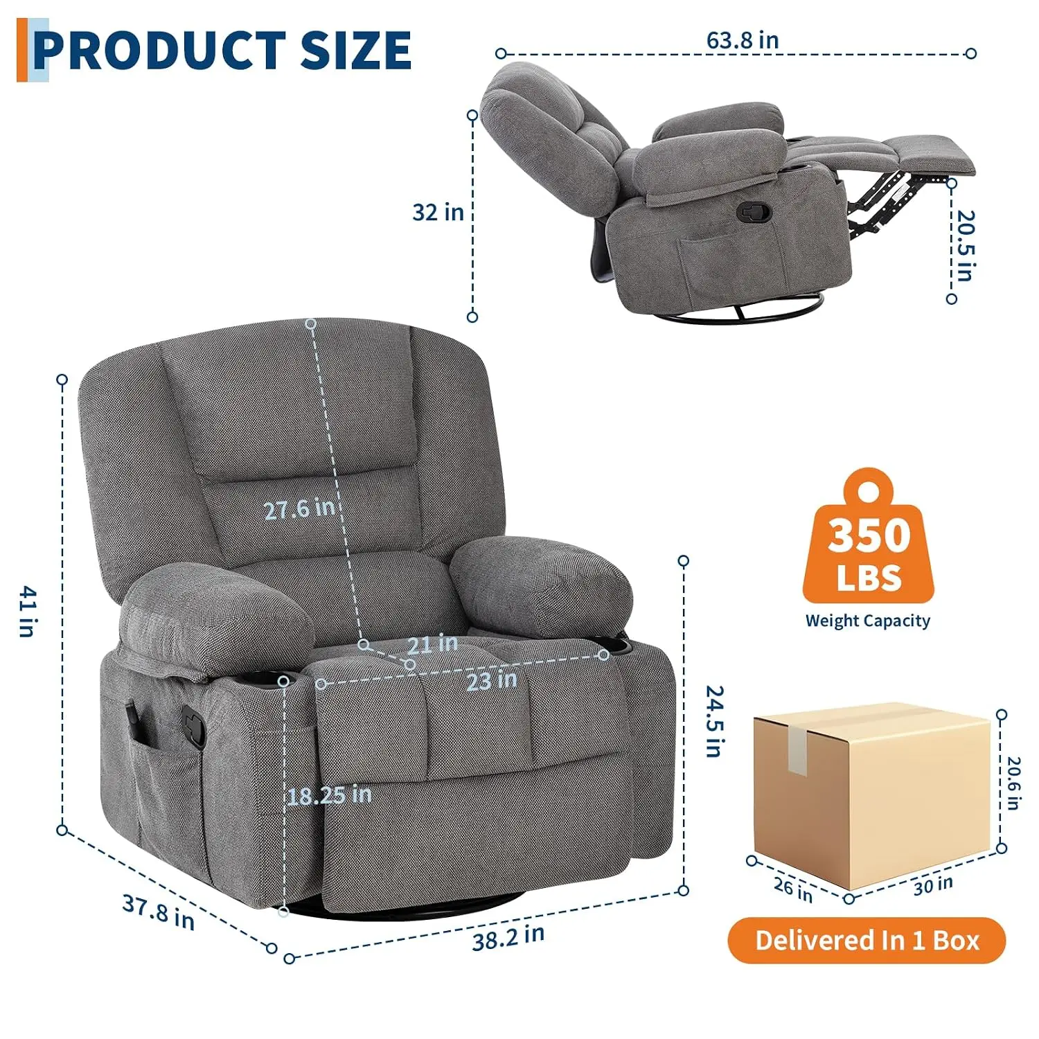 Oversized Wide Recliner Chair with Vibration Massage and Heat, 360° Swivel Recliner Glider for Adults,Chenille Fabric, Custom