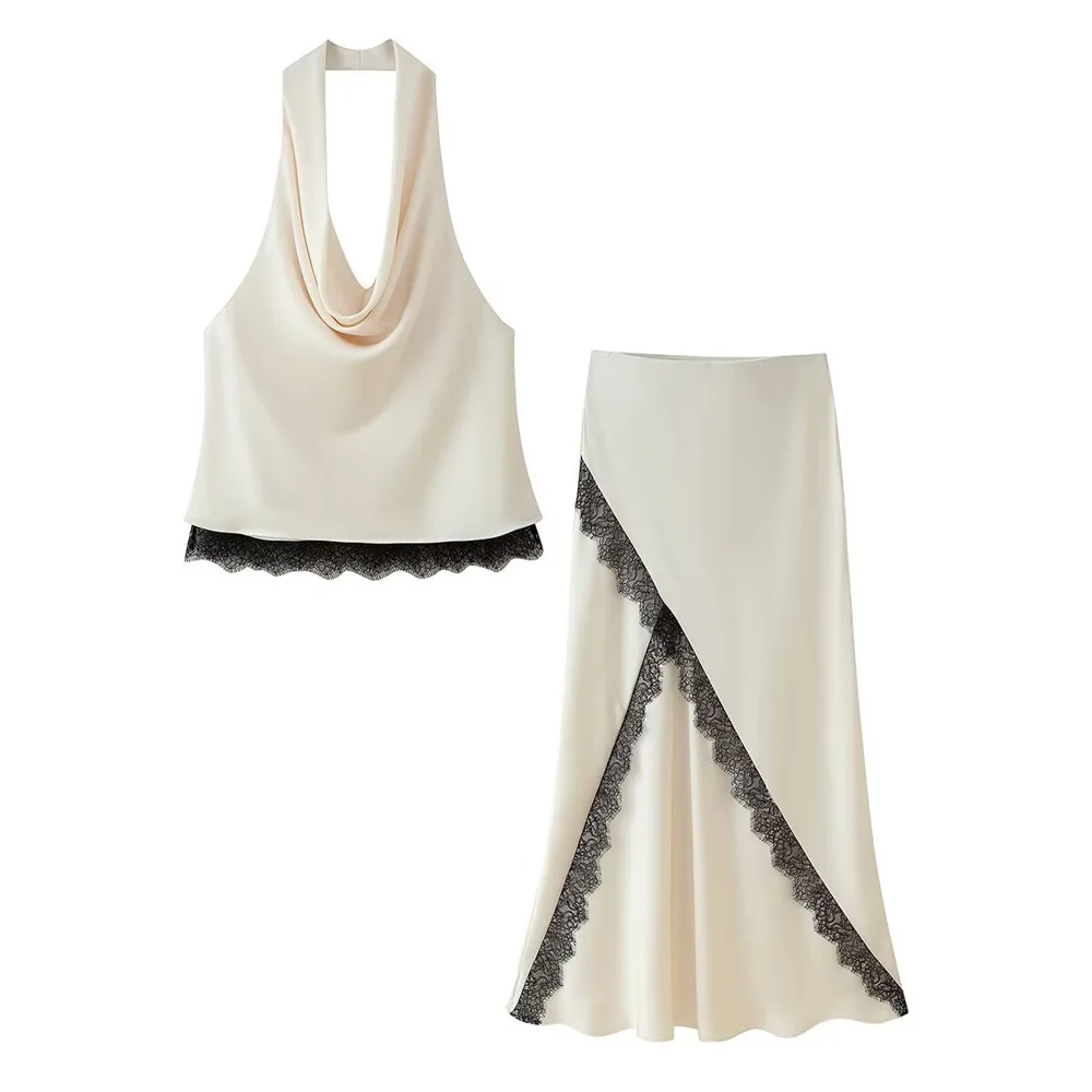 

Женский комплект, кружевной атласный топ без рукавов с лямкой на шее и облегающие длинные юбки, костюм 2025, летний комплект из 2 предметов для дня рождения и праздника