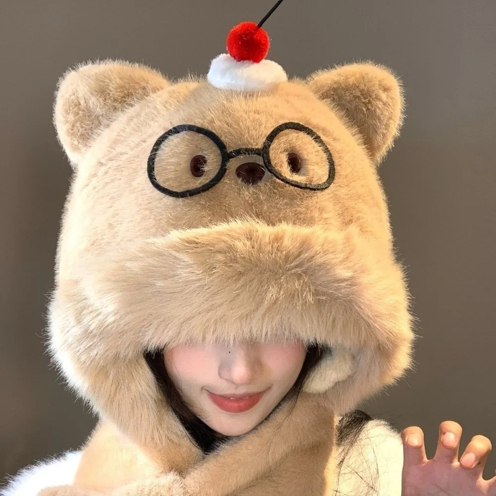 

Cute Bear Windproof Integrated Cap Scarf Soft Thickened Beanie Hat Scarf Warm Ear Protection Cap Women