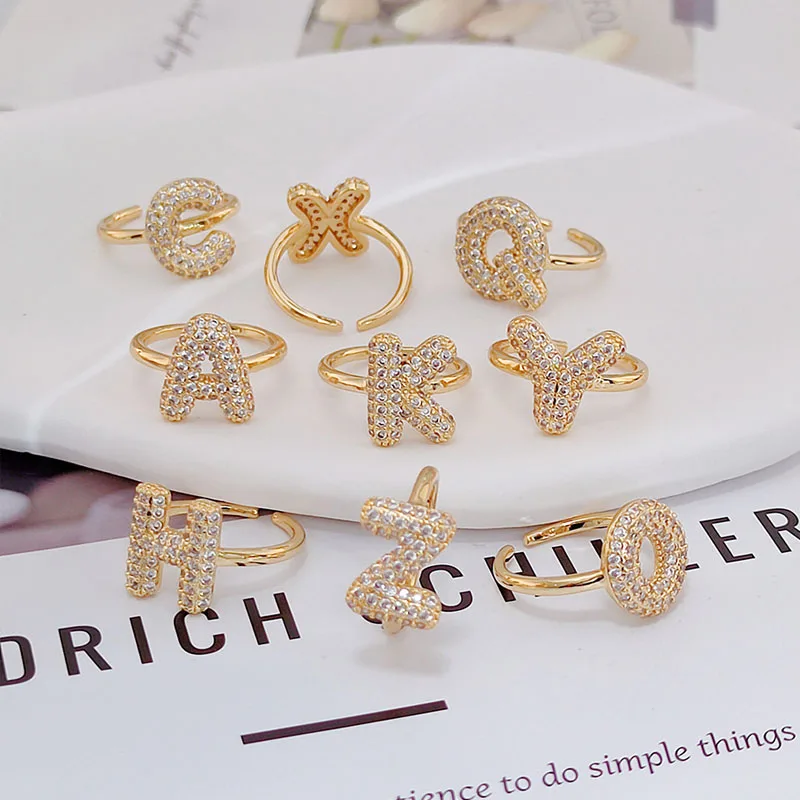 Duoying A-Z Zircon Ring 18K Gold 26 Letters Full Diamond Open Ring Women's Jewelry Wedding Party Gift Bridesmaid Gift For Guests