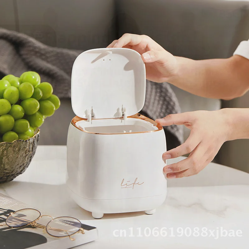 

Light Luxury Small Trash Can with Lid - Silent Push-Type Opening 5L Desktop Garbage Basket Paper Press Bedside Table Storage