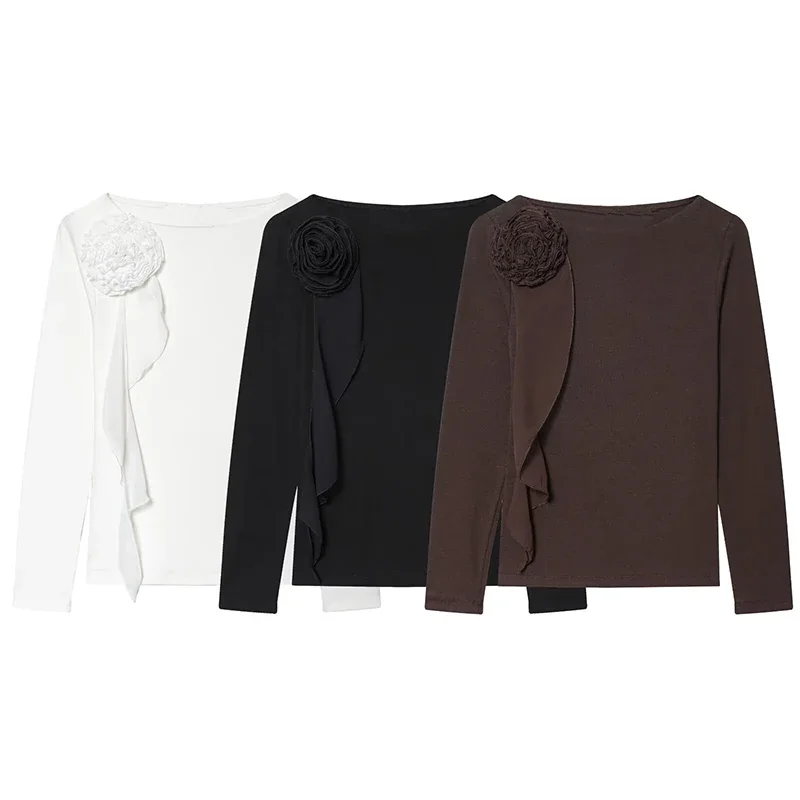 

New Women's Casual T-Shirts Fashion Flower Decoration Slim O-Neck Long Sleeve T-Shirts Casual Female Chic Tops