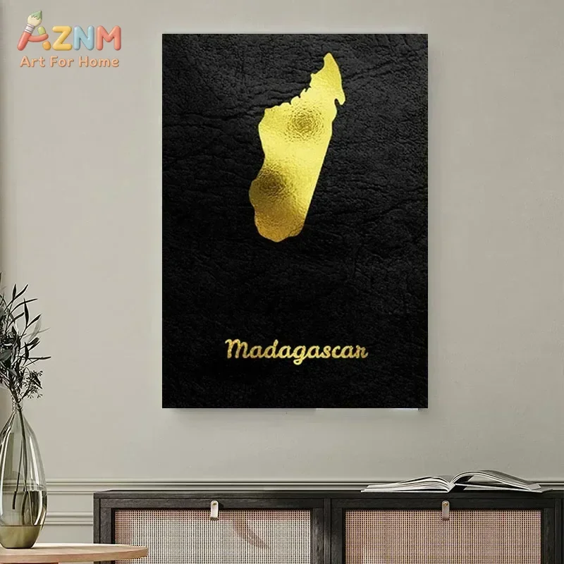 AZNM Gold Foil Colombia Country Map Canvas Print Black Leather Texture Minimalist National Map Wall Poster Unframed Home Living