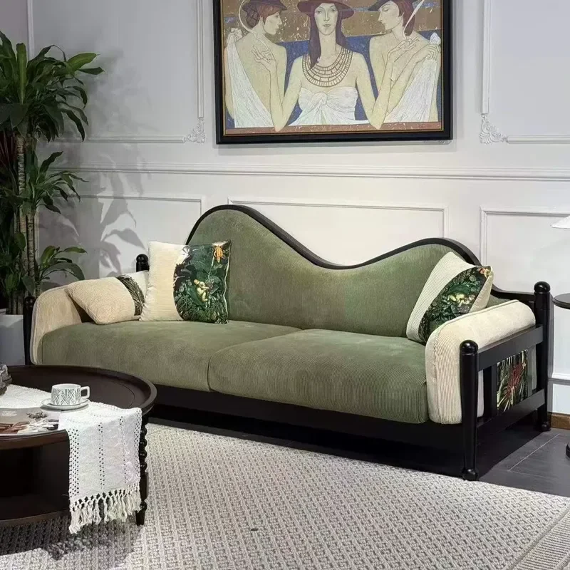 French Wabi Sabi Simple Fabric Sofa Set Wooden Legs Retro Straight Sofa for Small Apartment Living Room