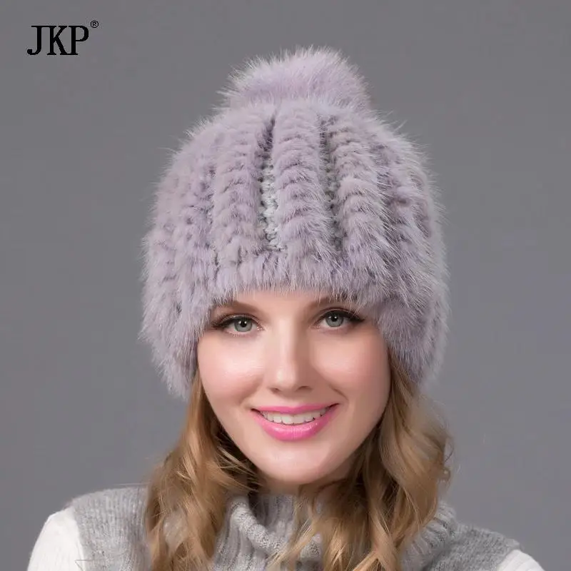 2024 New Fashion Winter Warm Hat Genuine Mink Fur Ball Cap With Copious Female Beanie Knit Cap and Liner 6 Colors BZ-11