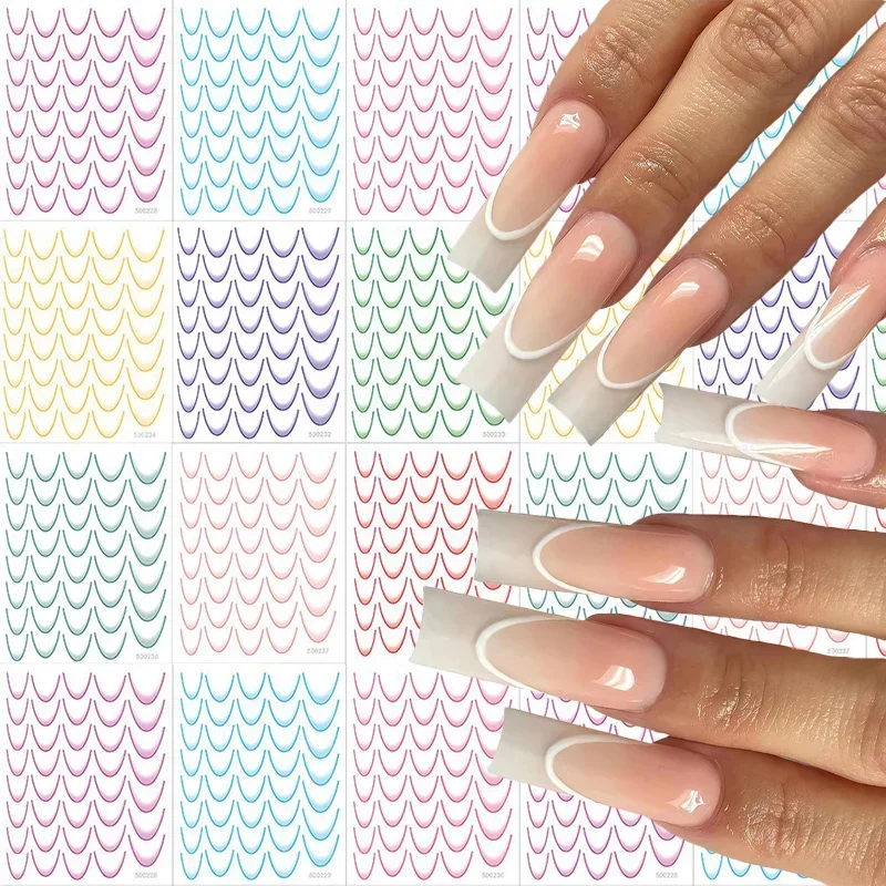 6/18pcs French Manicure Sticker 3D Gradient Color Nails Decals Self-Adhesive Lines Nail Art DIY Moon Shape Stencil Stickers