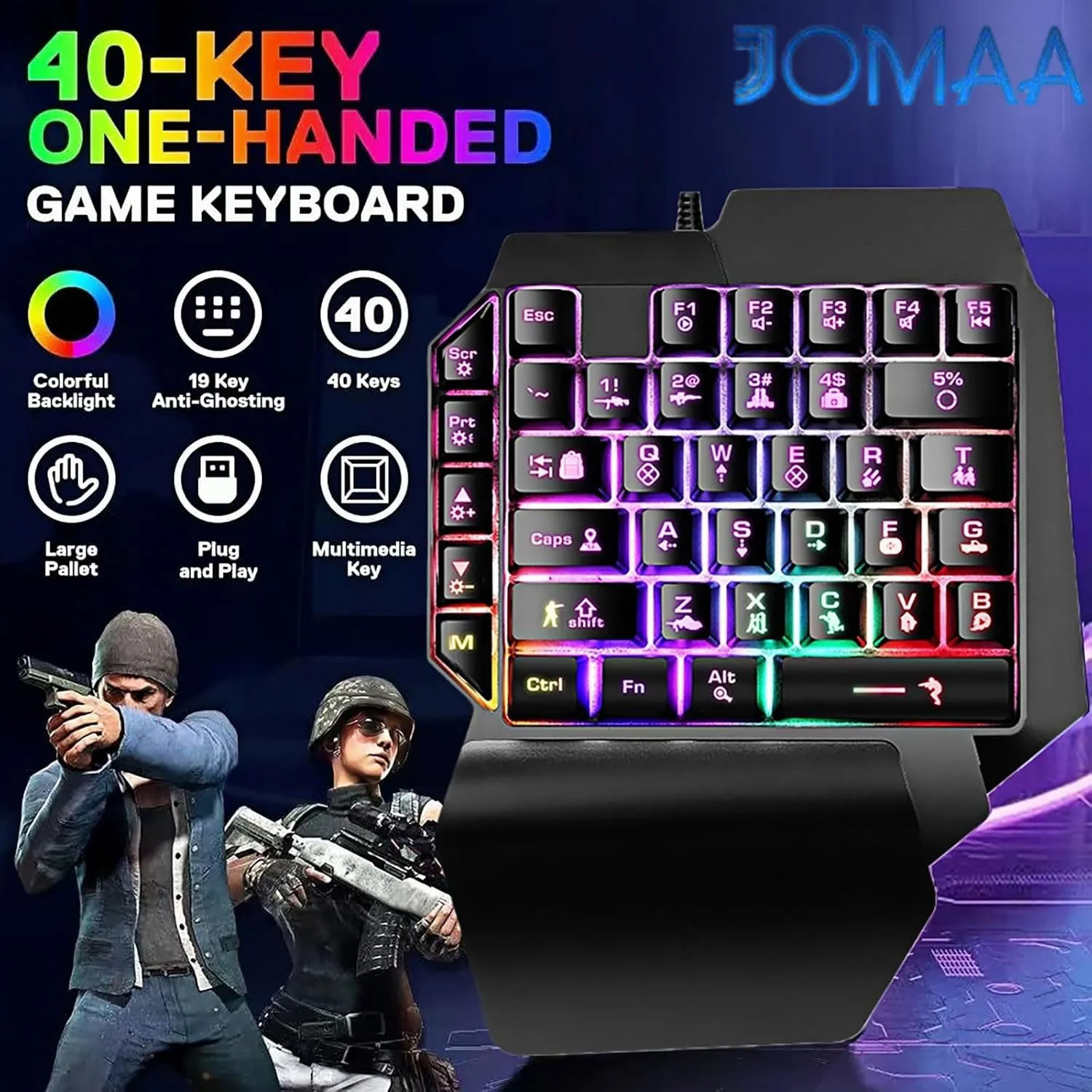 JOMAA Kabelgebundene Einhand-Gaming-Tastatur mit Regenbogen-LED-Hintergrundbeleuchtung, 40 Tasten, tragbare Mini-Gaming-Tastatur, ergonomischer Game-Controller