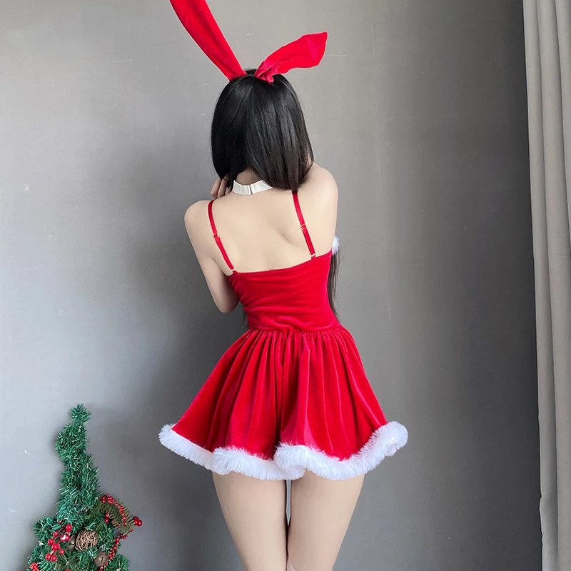 Sexy Women Christmas Red Dress Bunny Girl Uniform Anime Headband Ear Outfits Nightclub Game Xmas New Year Party Cosplay Costume