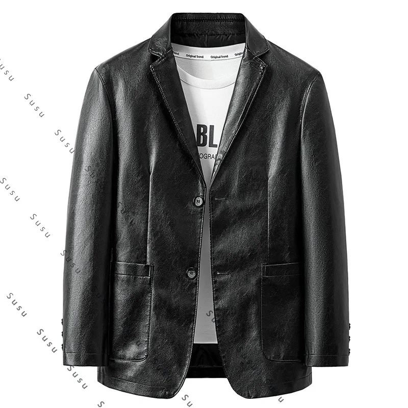 

2025 new British style men's PU leather jacket trendy lapel suit leather jacket casual slim leather jacket men's clothing