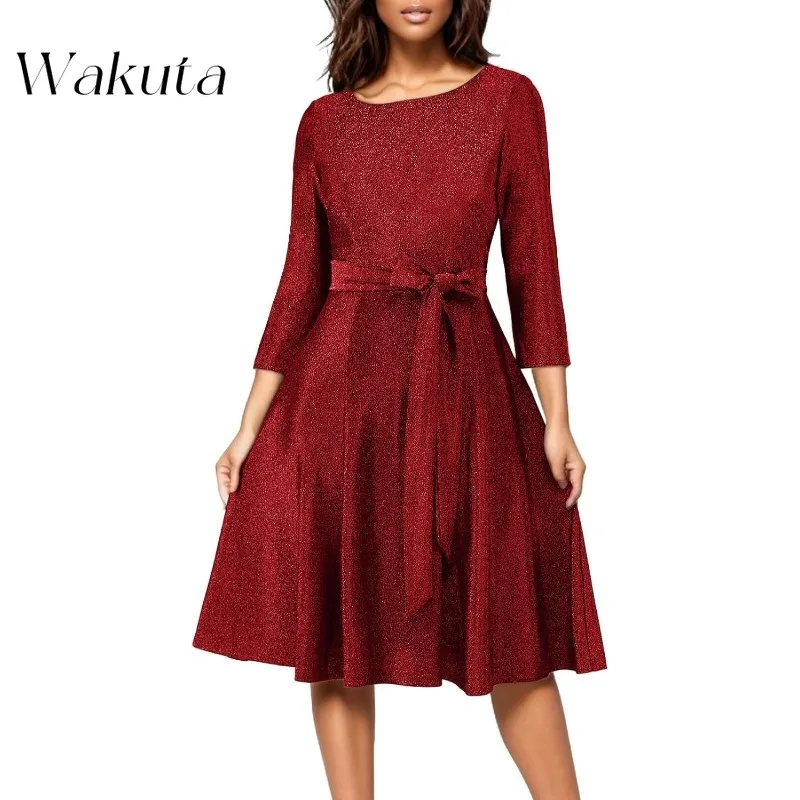 Wakuta Vintage Round Neck Regular Women's Cocktail Dresses Fashion Slim Bow Guest Christmas Vestidos De Fiestas Elegantes Mujer