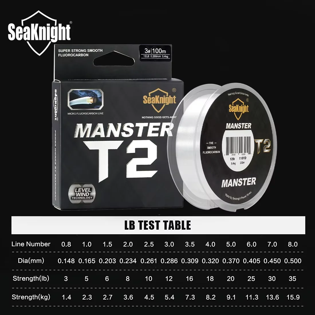 SeaKnight MANSTER T1/T2 100% خط الكربون الحقيقي طلاء الفلوروكربون خط الكربون خيط صنارة الصيد زعيم خط غرق خط الكارب #2