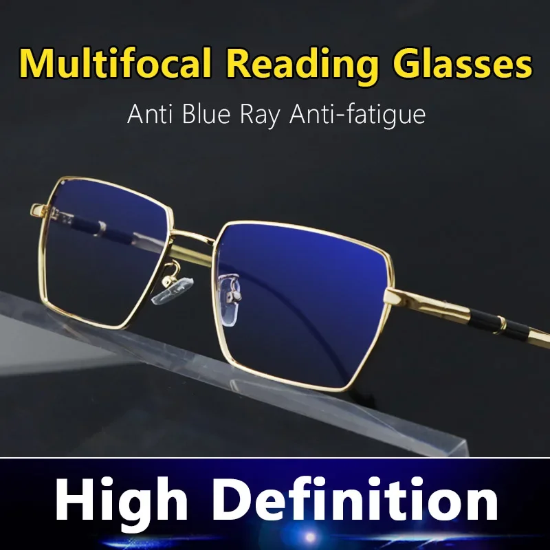 

Прогрессивные многофокальные очки для чтения, защита от синего света для мужчин, очки с оправой из золотистой проволоки, очки для дальнозоркости