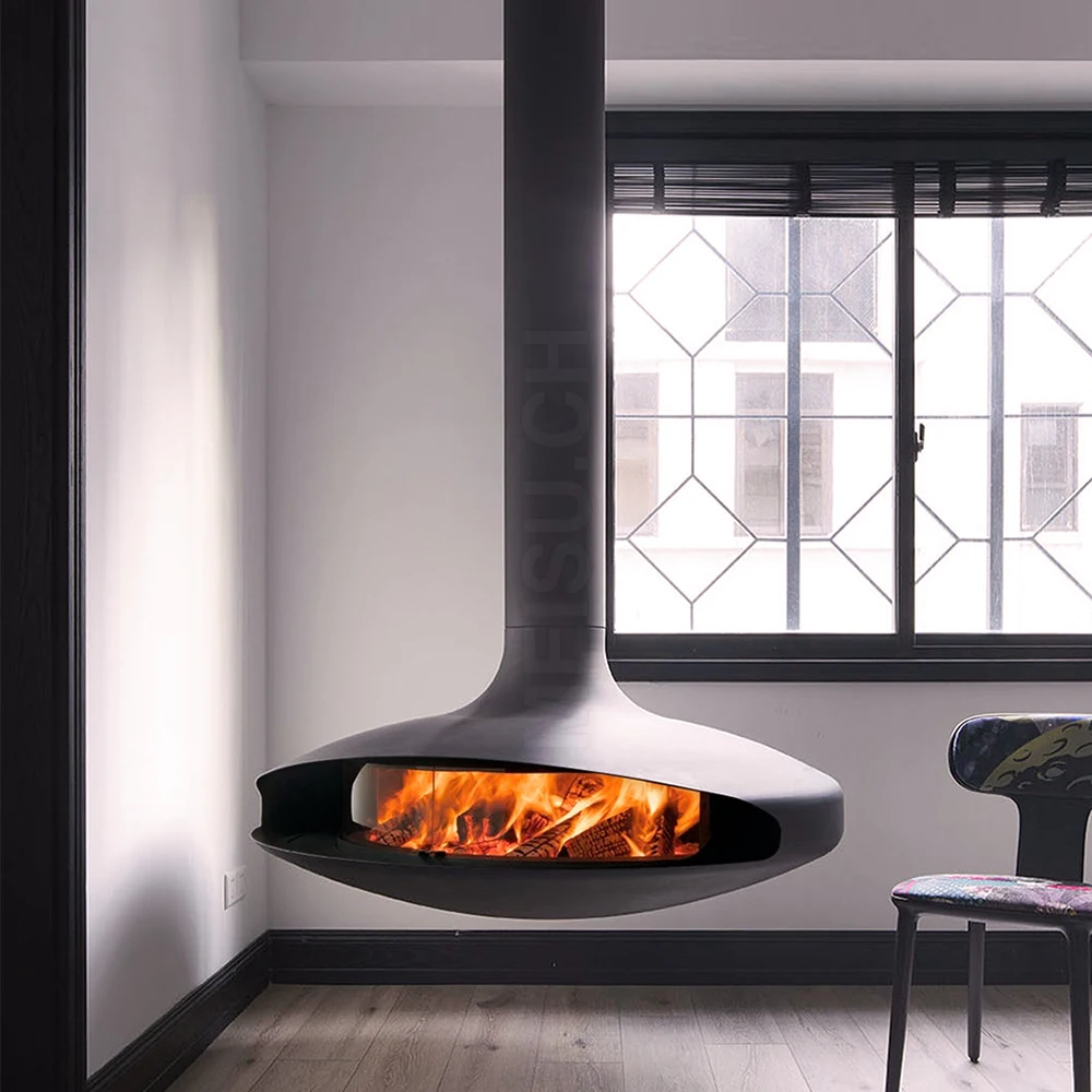 Enclosed Wood High-temperature Resistant Glass Suspended Ceiling Decorative Heating Direct-vent Circular Fireplace