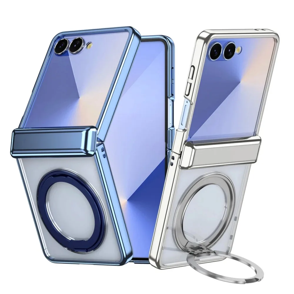 

Rotatable Ring Holder Plated Frame with Magnetic Transparent Phone Case for Samsung Z Flip 7 Lens Shockproof Protect Back Cover