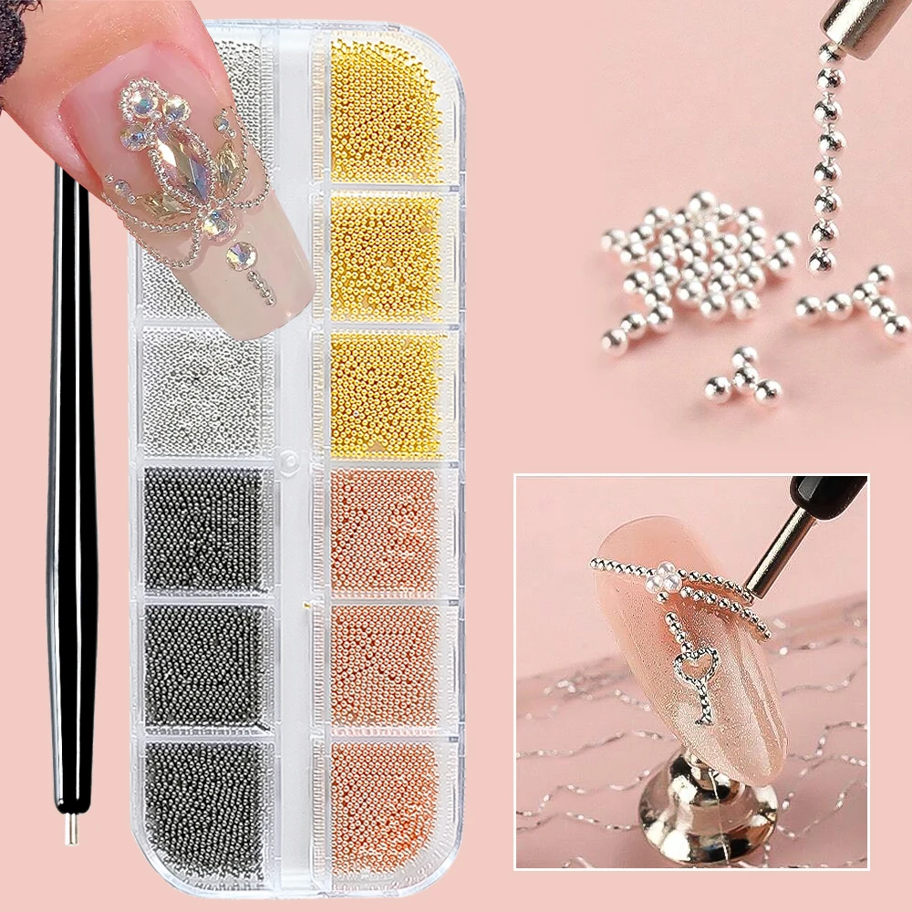 12 Grids Mix Color Nail Steel Bead Nail Rhinestones+Magnetic Pen Mini Caviar Studs 3D Manicure Charms Glitter Nail Decoration PH