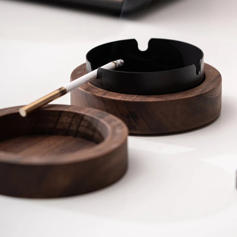Walnut Ashtray With Lids Windproof Wooden Ashtray Portable Ash Holder For Smokers Desktop Office,Men's Gift