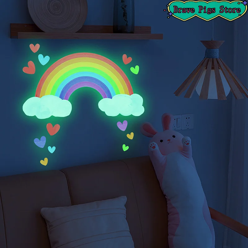 Cartoon Rainbow Luminous Wall Stickers Glow In The Dark Fluorescent Cloud Heart Wall Decal For Baby Kid Rooms Nursery Home Decor