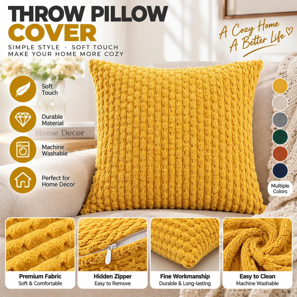 Orange Fall Pom-Pom Throw Pillow Covers 18x18 Inch - Soft Plush Corduroy, Rustic Farmhouse Boho Cushion Cover 30x50CM/40x40CM
