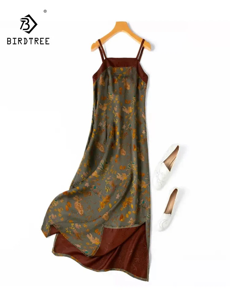 

BirdTree, 28MM 100%Real Silk Watered Gauze Dresses, Women Spaghetti Strap Printed, Retro Commute Dress, 2024 Summer D45707QC