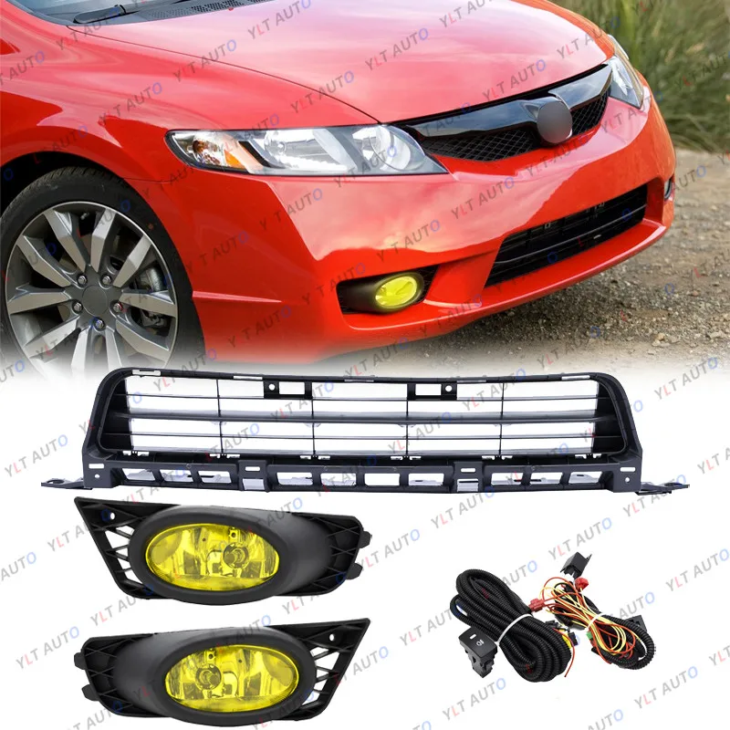 Front Lower Grille + Yellow Lens Fog Lights Kit For 2009-2011 Honda Civic Sedan