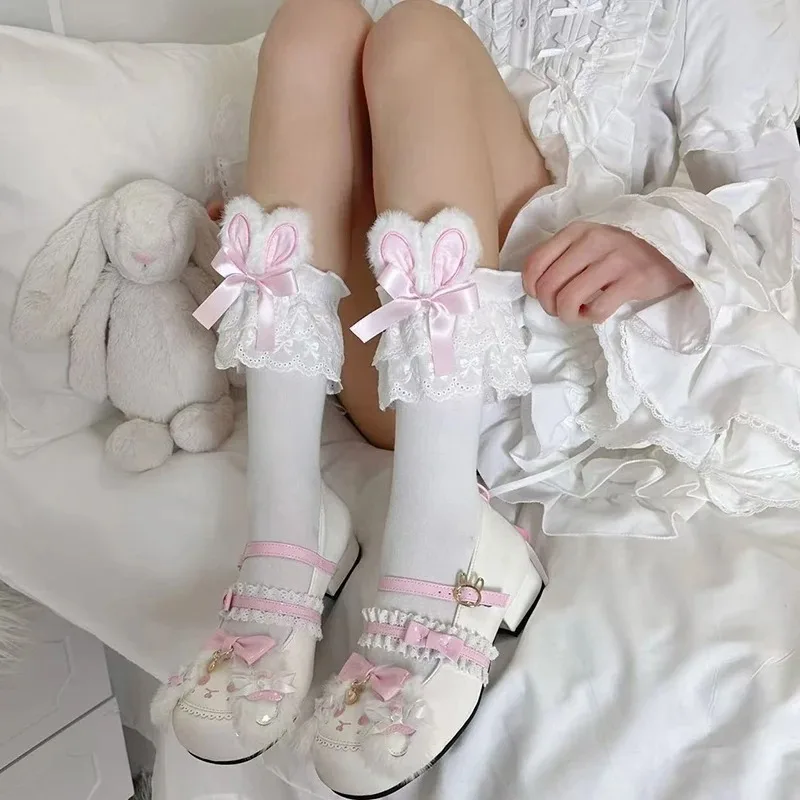 Calcetines japoneses Harajuku Lolita con orejas de conejo para mujer, calcetines cortos con lazo JK de verano, calcetines dulces de encaje grande de encaje Lolita