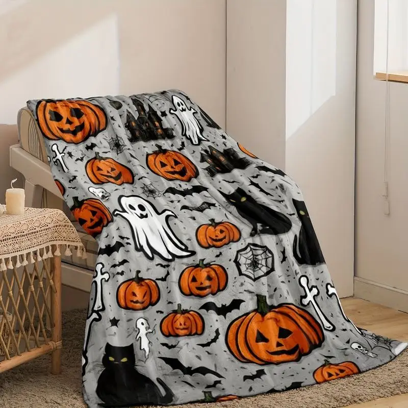 VIKAMA Spooky Halloween Throw Blanket Pumpkin Ghost Bat Pattern Flannel Blanket Lightweight Holiday Decor Blanket