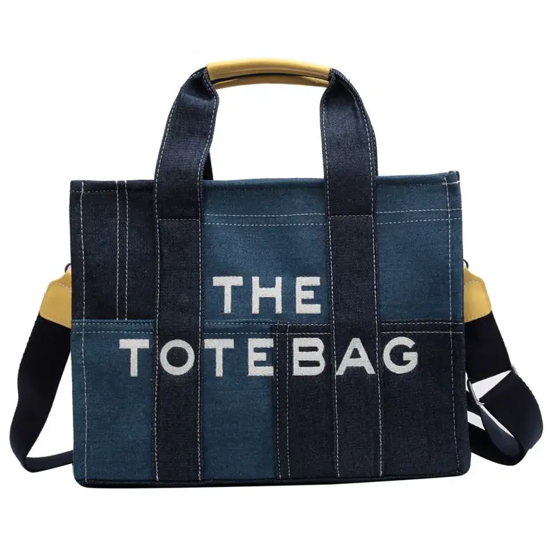 Large Capacity Commuter Tote Bag 2023 Women\'s Contrast Letter Panel Denim Crossbody Bags High Street Lightweight Storage Handbag