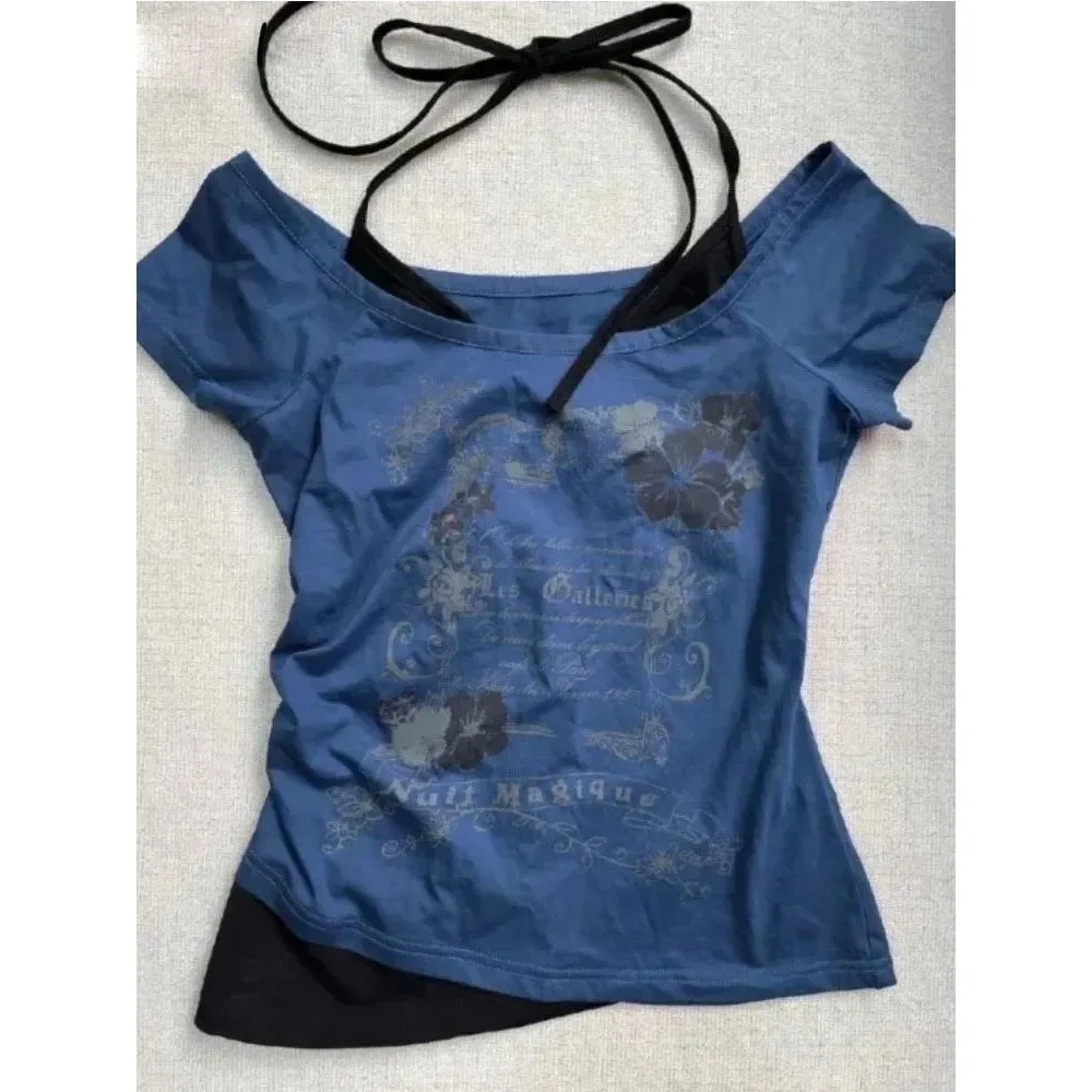 

Summer Vintage ter Tirt Y Lace up Cleanfit Ladies Faion 2025 Two Piece Fake Two Piece a Line Sve Linen Material