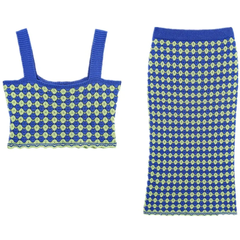 

Summer 2025 Women's Knitted ort Top And Skirt Set Wide oulder Strap Straight Collar Faionable Two-Piece Ensemble