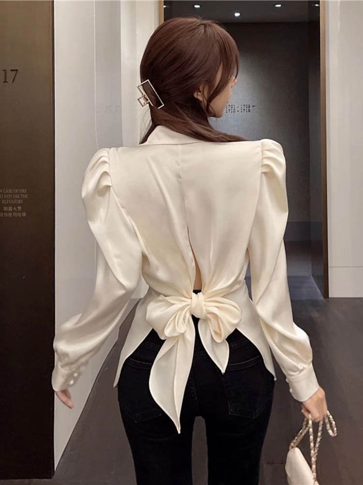 리본 새틴 여성 탑 Y2k 패션 예쁜 우아한 젊은 모던 롱 감성 귀여운 실크 여성 셔츠 및 블라우스