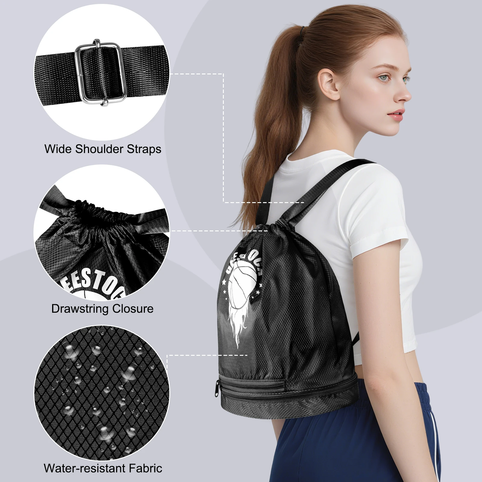 Picture 5: Multi-functional Drawstring Sackpack Waterproof Sports Backpack with Shoes Compartment for Basketball Training Fitness Daily Use