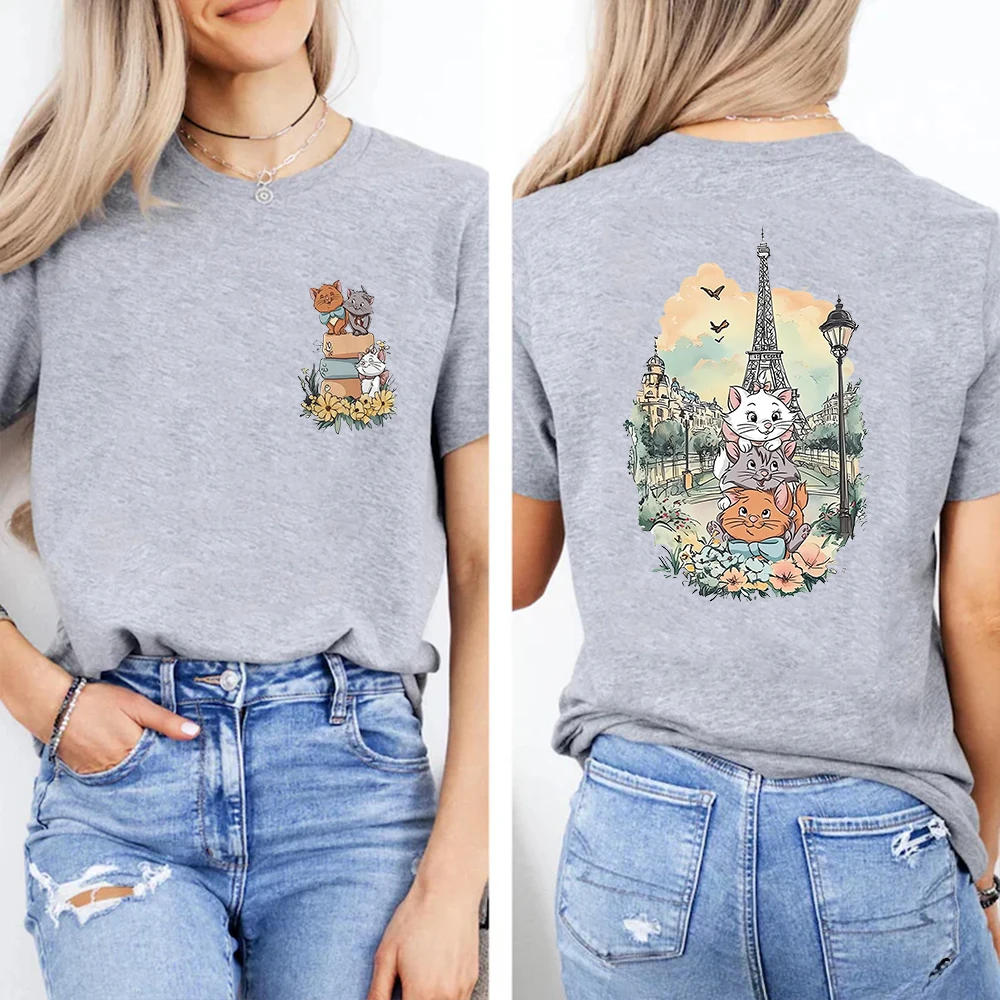 Camiseta con estampado de gato de Berlioz Marie Toulouse de Disney, camiseta de manga corta con cuello redondo a la moda para mujer, camiseta con patrón de gato