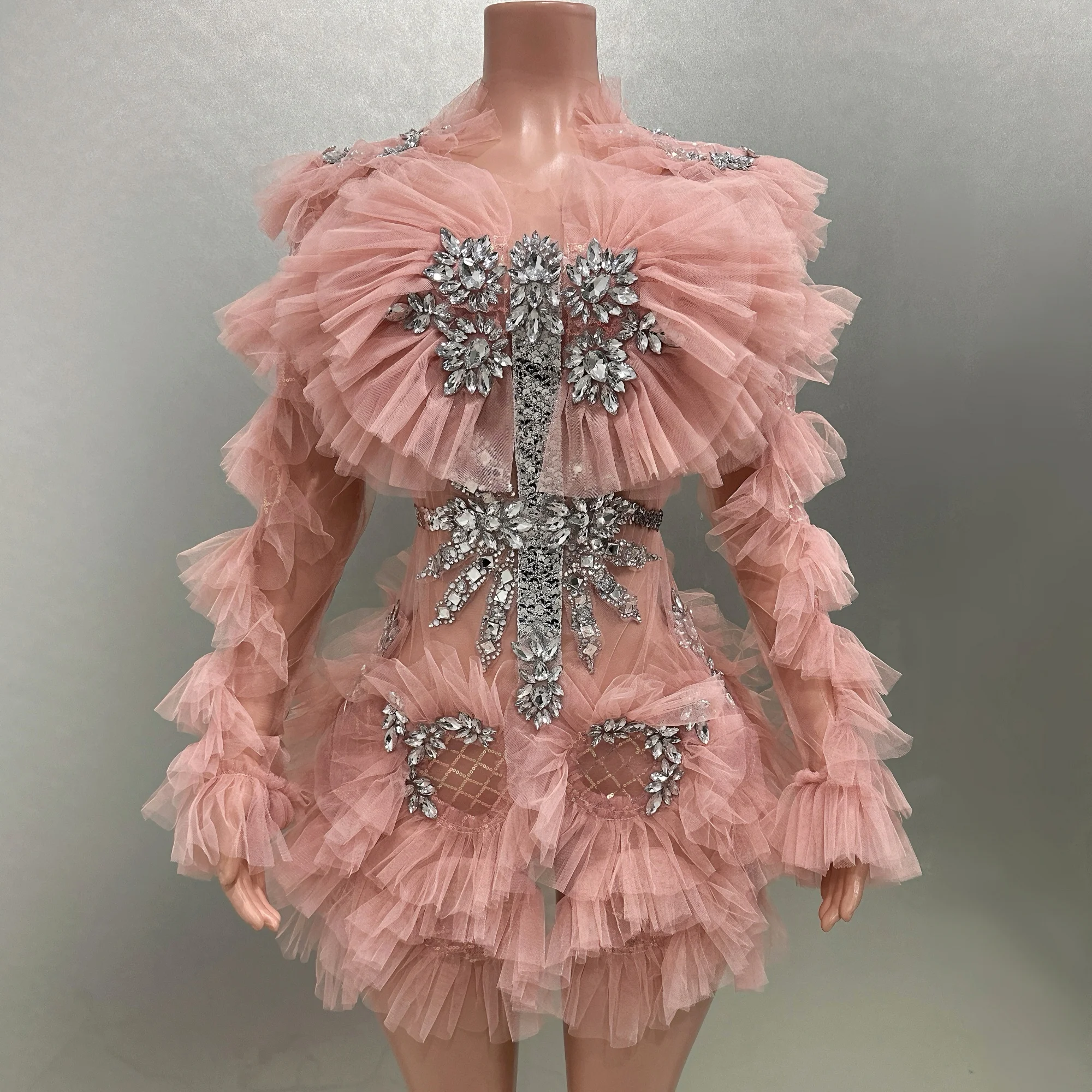 Vestido em malha com strass e lantejoulas brilhantes, babados sensuais em camadas, roupa de palco para festa noturna, traje de performance para cantora cor rosa