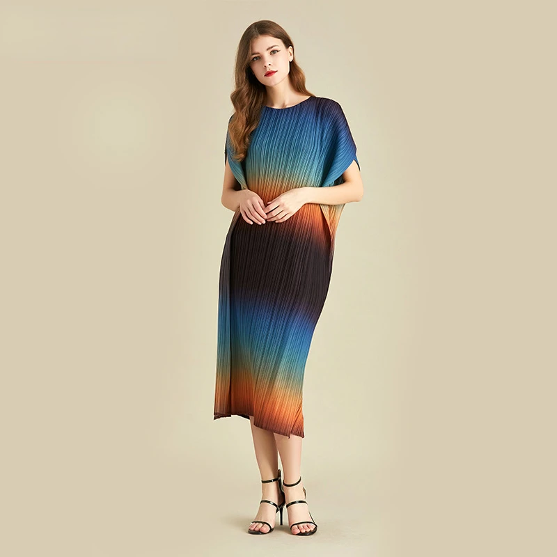 Folded Dress Fashionable Casual Loose Bat Sleeves Mid Length Dress Summer Striped Gradient Color