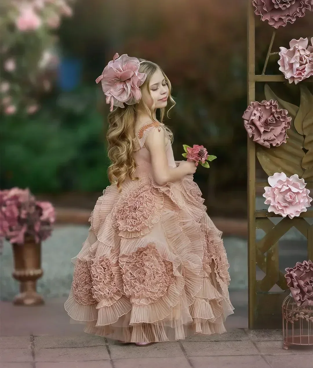 Custom JDY High Sleeveless Lace Multi Layer Ruffle Tulle Flower Girl Dress Wedding Party Gown Birthday Pageant Dress فساتين اطفا