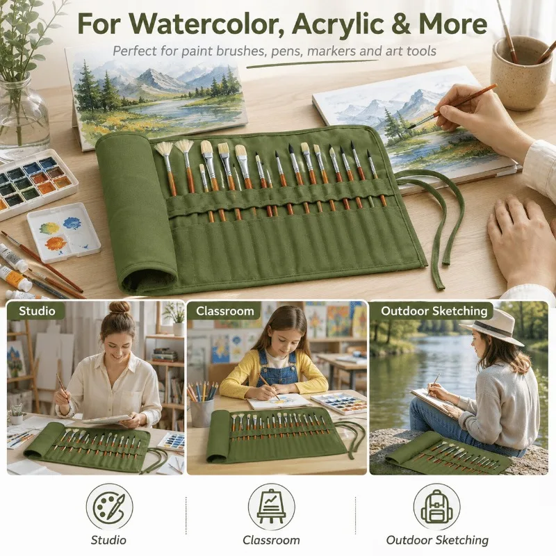 34 Slots Roll-Up Paint Brush Holder, Premium Canvas Organizer, Washable Travel Case for Artist Watercolor Acrylic Pen Supplies