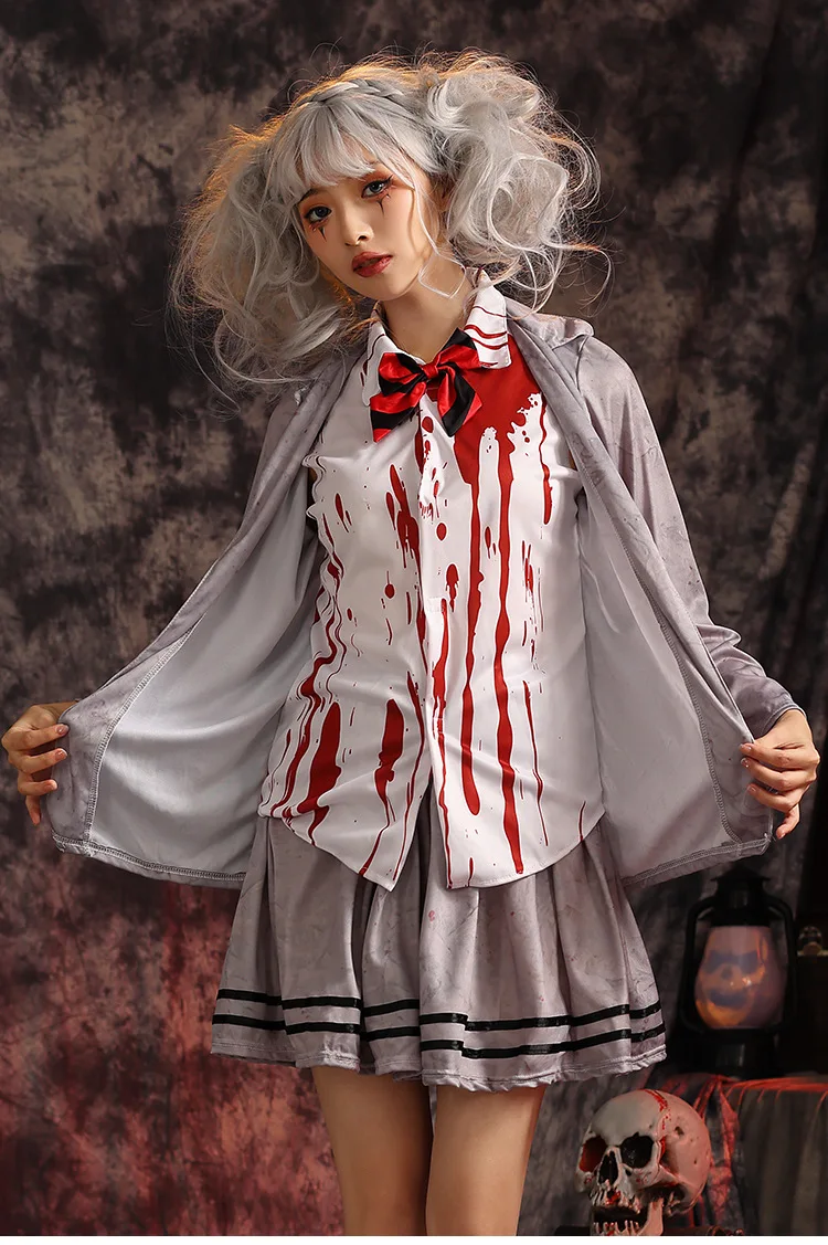 

Kids Horror Halloween Costumes Zombie Vampire Cosplay Stage Performance Gray Bloody Clothing for Boys Girls School Uniform