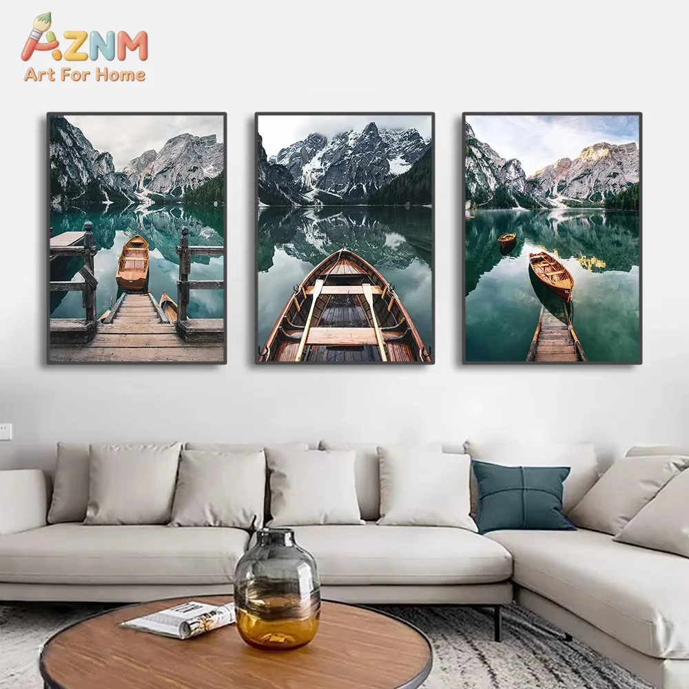3PCS Nature Landscape Poster Mountain Lake Boat Nordic Pictures Wall Art Canvas Painting for Living Room Bedroom Home Decor