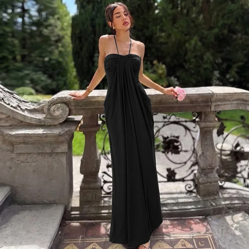Elegant Party Dress for Women Sleeveless Halter Neck High Waist Pencil Long Solid Color Tie Back Open Back Sweet Spicy Evening