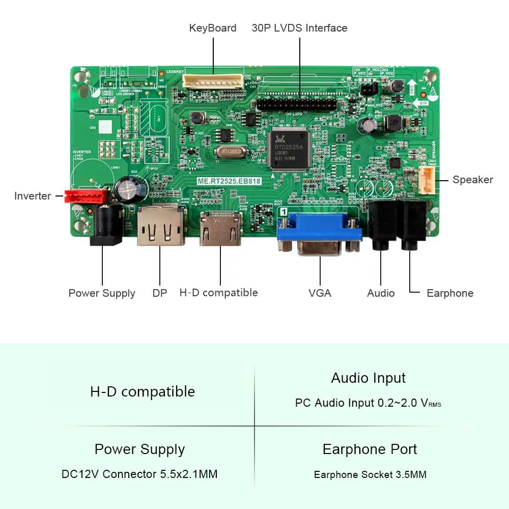 

DP VGA LCD Controller Board For 10.1" 14" 15.6" LP156WH2 -TL 1366x768 LCD Screen