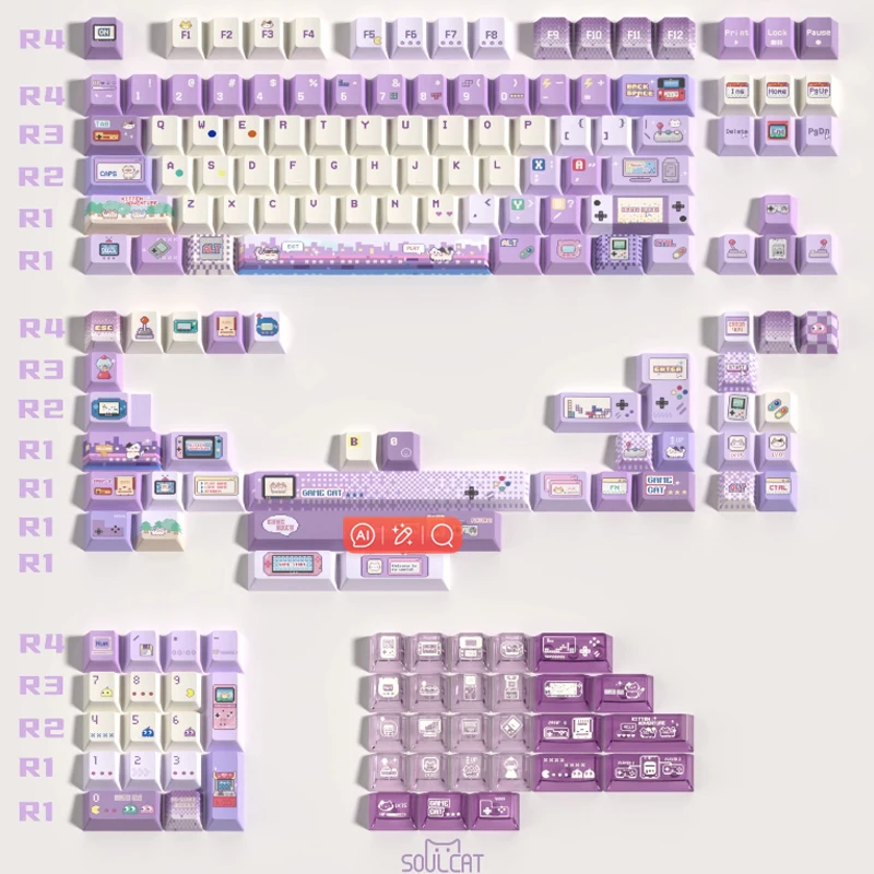 Chosfox & Soulcat 141 + 26 Keycap Meow Putar Listrik PBT + PC Keycap Transparan Cherry Height Keycap Keyboard Mekanis Kustom