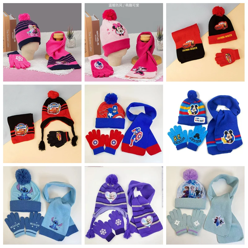 

Children Warm Knitted Hat Kid Cap Scarf Glove 3 Pcs Set Cartoon Frozen Elsa McQueen Cars Baby Boy Girl Scarf Pompoms Accessories